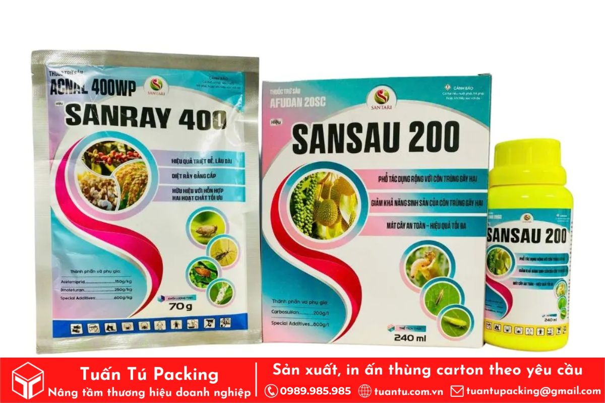 Mẫu hộp giấy đa dạng về kích thước, phù hợp với các dạng thuốc trừ sâu khác nhau từ lỏng, bột đến viên.